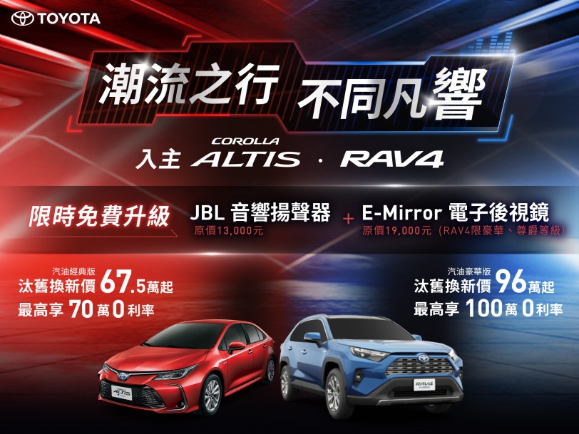 TOYOTA RAV4、COROLLA ALTIS及TOWN ACE貨卡 影音、安全配備限時免費大升級